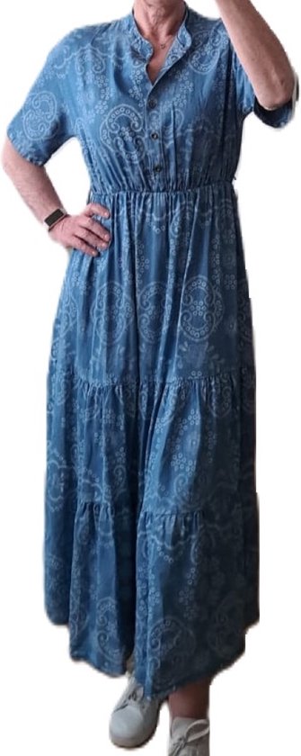 Ibiza jurk broderie | Denim blue met print | one size