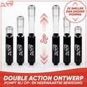 Zes zwarte dubbelwerkende fietspompen, 2x sneller dan andere pompen. Met rode pijlen.