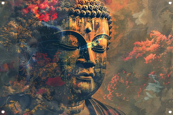 Boeddha poster - Spiritualiteit posters - Tuinposter Bladeren - Posters buiten - Schuttingdoek - Decoratie muur tuinposter 150x100 cm