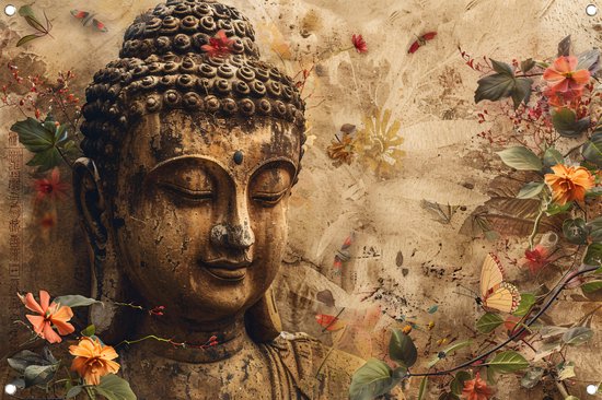 Boeddha poster - Sculptuur tuinposter - Tuinposters Bloemen - Schutting decoratie - Tuin accessoires - Tuin decoratie tuinposter 150x100 cm