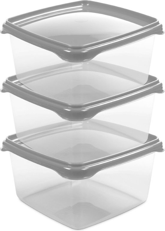 Hega Hogar Vershoudbakjes - set 3x stuks - 1.3 liter - transparant/grijs - L16 x B16 x H11 cm - Mealprep - Maaltijden bewaren