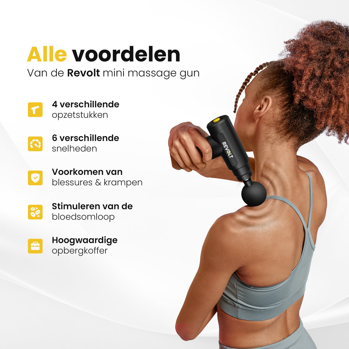 Afbeelding 2 van Revolt - Mini Massage Gun - Inclusief 4 Opzetstukken - Inclusief Adapter - 6 Snelheidsstanden - Spierherstel & Spierontspanning - Massage Pistool - Massage Apparaat Professioneel