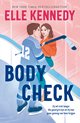 Een ijshockeyer in een blauw tenue, nr. 12, en een vrouw in een oranje trui, lachen elkaar aan op de ijshockeybaan. De titel 'BODY CHECK' staat in donkerblauwe letters.