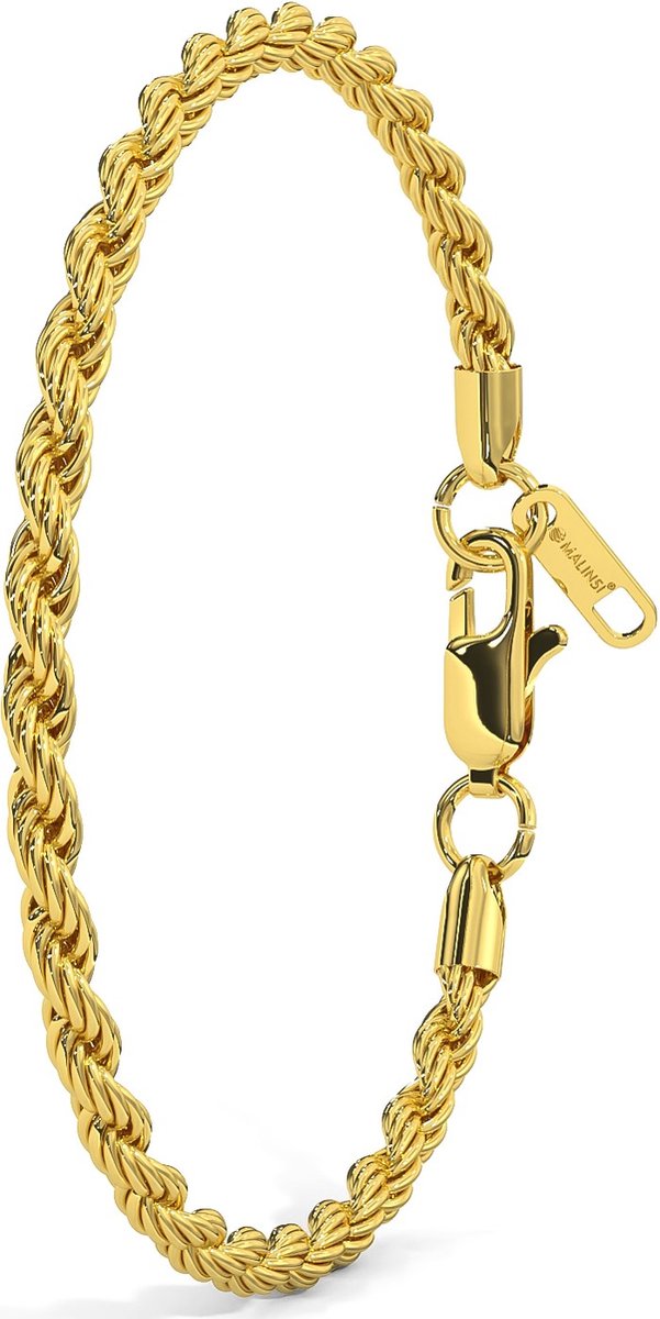 Malinsi Armband Heren en Dames - Goud Rope 5mm Compleet RVS - Armbandje Mannen 19 + 1,5 cm Verlengplaat - Malinsi