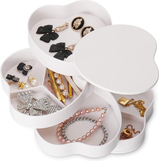 Sieradendoosje voor meisjes, sieradendoos met spiegel, 4 niveaus, sieradenopslag voor ringen, oorbellen, halskettingen, verjaardag, meisjes, vrouwen, cadeau, ronde vorm, 12 x 12 cm (wit)