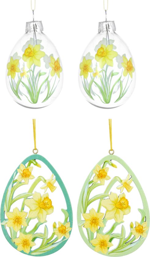 Paasei Hangertjes met Narcissen - set van 4 paashangertjes met narcis design van Gisela Graham - paasdecoratie - paastakken versiering