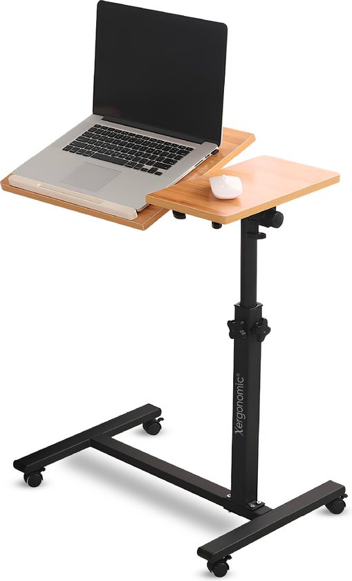 Xergonomic® Table pour ordinateur portable - Support pour ordinateur portable - Table pour ordinateur portable sur roulettes - Bois