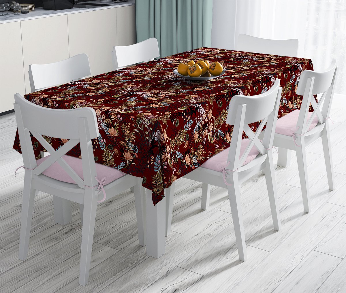 Tafelkleed 135x220 - Bedrukt Velvet textiel Tafelkleden - Tafellaken - Bloemen op bordeaux - Fluweel