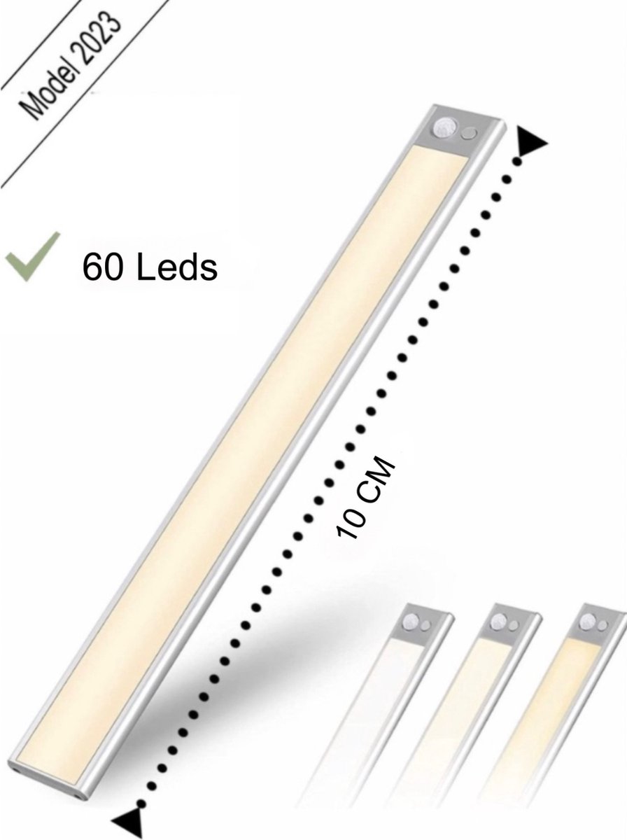 Led lamp - Led Strip - 10 cm-40 Leds -Accu-bewegingssensor -3 standen -warm licht, koud licht, fel licht - Opladen USB C -Lichtsensor- Magnetische Ophanging -Magneet-Trapverlichting-Keuken-Kast