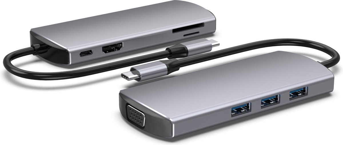 8 in 1 Dongle USB C Multi-poort Adapter, Hub USB C Docking Station = TYPE C to USB3.0 *3+USB-C PD(opladen)+SD +TF Slot+HDMI+VGA；voor MacBook Air/Pro, iPad Pro 2021 en Meer