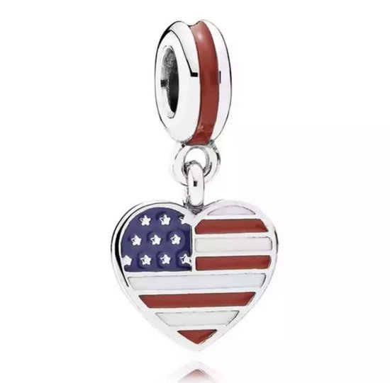 Reizen - Zilveren bedels - Bedel Hartje vlag Amerika USA | 925 Sterling Zilver - Geschikt voor alle merken - Met 925 Zilver Certificaat - In Leuke cadeauverpakking - Moederdag