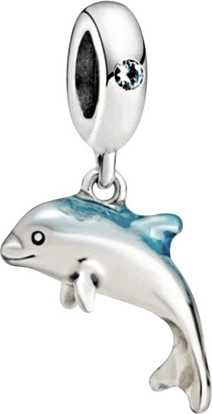 Dieren en Natuur - Zilveren bedels - Bedel dolfijn blauw | Met zirkonia | 925 Sterling Zilver - Geschikt voor alle merken - Met 925 Zilver Certificaat - Tip voor Moederdag
