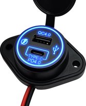 12V USB C Autolader 2 Poorten Opbouw - QC4.0 - DS2076 - USB Stopcontact Auto, Boot en Camper - Blauw