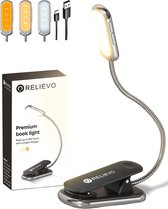 Relievo Leeslampje met Klem - 3 LED Kleuren - Voor Boek / Slaapkamer / Bureau - Bed Nachtkastje Leeslamp - Staand Bedlampje Lamp - USB Oplaadbaar