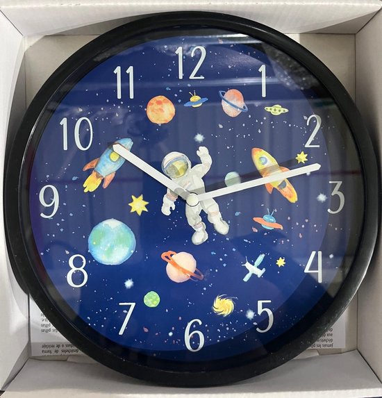 Klok in ruimtethema- Ø 23 cm - Voor kinderkamer - Astronaut- Blauw/zwart