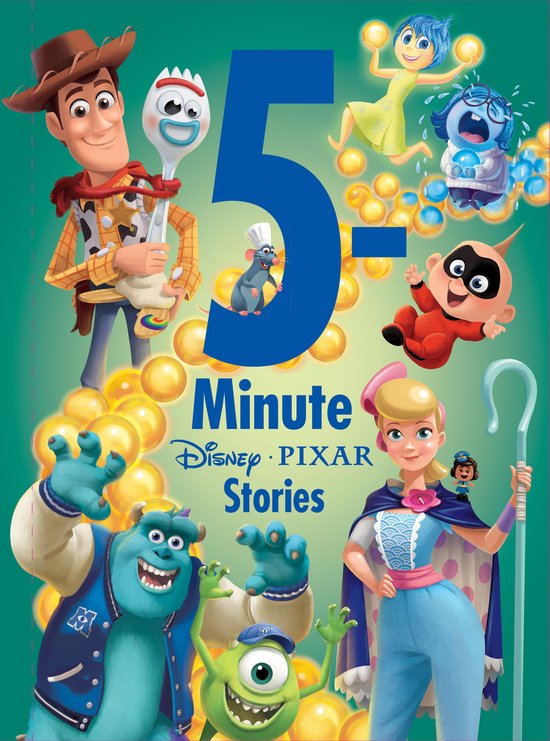 Boek "5 Minute Disney Pixar Stories" met Woody, Forky, Joy, Sadness, Jack-Jack, Remy, Bo Peep, Sneeuwwitje en Monsters, Inc. personages.