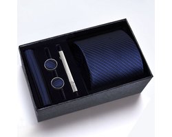 Zijde Stropdas Set - Stropdas met Pochet, Manchetknopen en Dasspeld - 100% Zijde Tie Set - Blauwe Lijnen