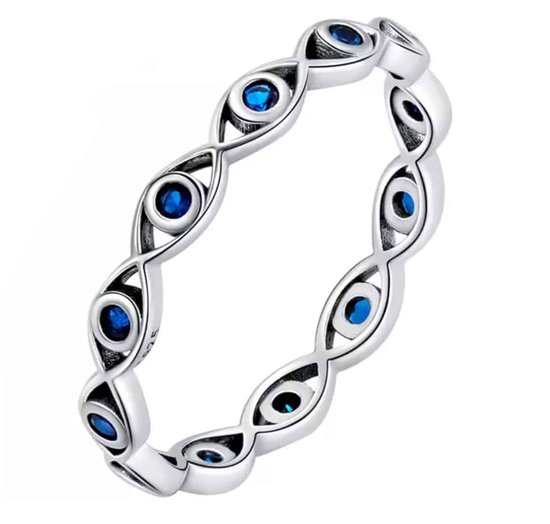Zilveren Ringen - Ring Boze oog goud met blauw oog zirkonia steentje - 925 Keurmerk Stempel - 925 Zilver Certificaat - In Leuke Cadeauverpakking - Moederdag tip!