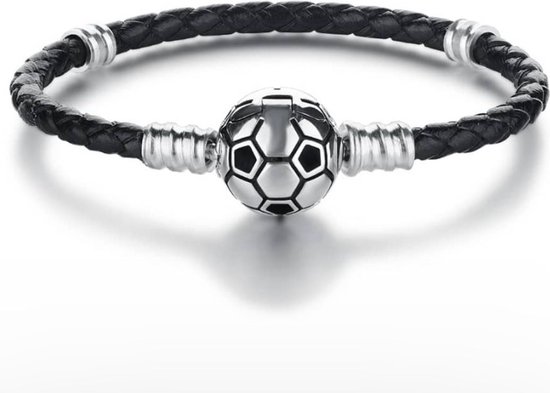 Tracelet | Zilveren Armbanden | Bedelarmband zwart leer | Voetbal | 925 Sterling Zilver | Met 925 Zilver Certificaat | In Leuke cadeauverpakking