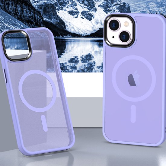IYUPP Hoesje Geschikt voor iPhone 13 Hoesje - Geschikt voor MagSafe - Shockproof Back Cover - Paars Lila Transparant