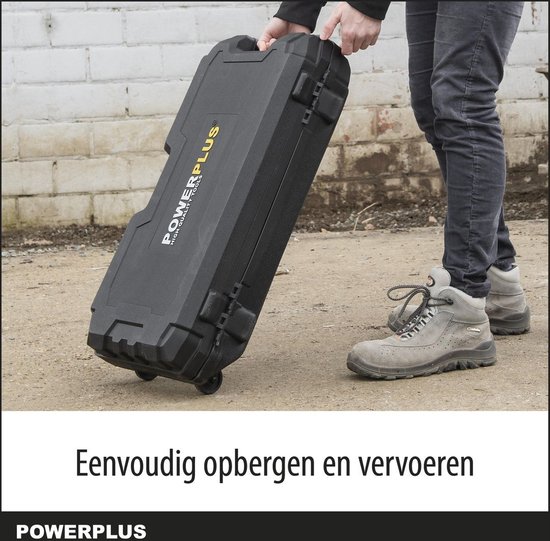 Zwarte gereedschapskoffer met wielen voor de breekhamer.