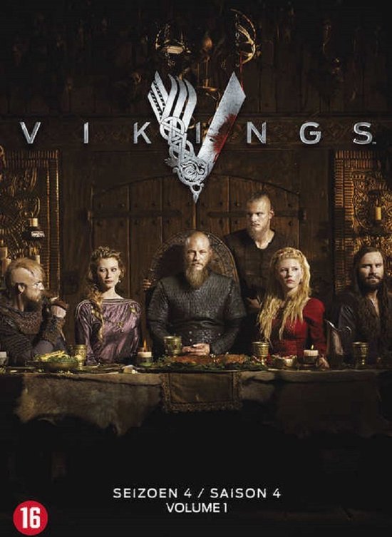 De cast van Vikings zit aan een lange tafel, met 'Seizoen 4 / Saison 4 Volume 1' onderaan.