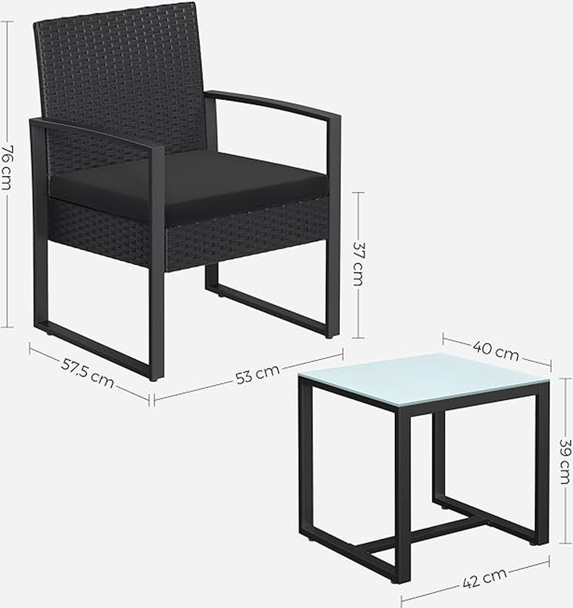 SONGMICS Balkonmeubilair, tuinset, gemaakt van PE polyrattan, loungeset, tafel en 2 stoelen, terrasmeubilair, eenvoudig te monteren, buiten, voor terras, balkon, tuin, zwart GGF010B05 – foto 5