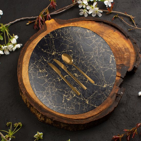 Castagnola Napperons aspect cuir - Napperons ronds - Set de table antidérapant en simili cuir - Sous-couche hydrofuge - Dessous de verre - 6 pièces - Diamètre 38 cm - Zwart/ Or