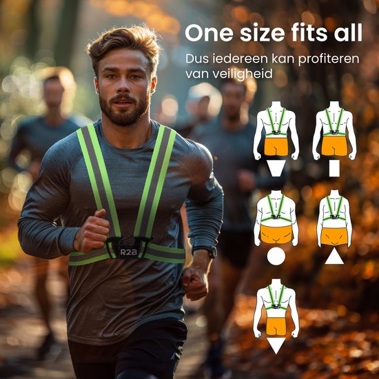 Man met geel reflecterend hardloopvest, met illustraties van verstelbaarheid.