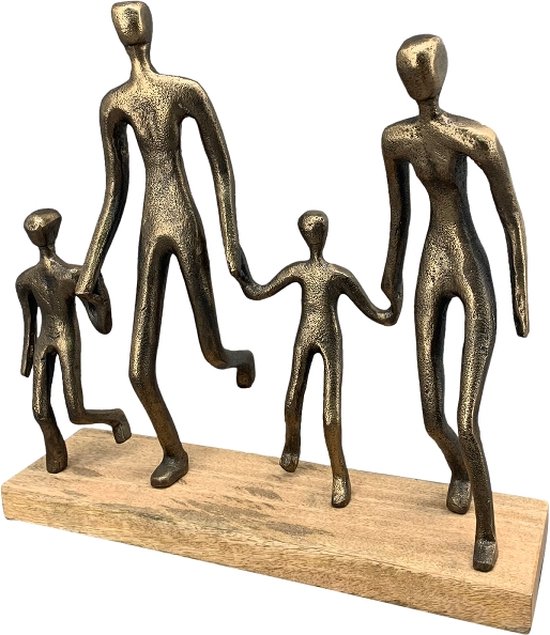 beeld gezin van vier gemaakt van aluminium en hout - koper/ brons kleur - 30x12x30 cm 2 kinderen en twee volwassenen