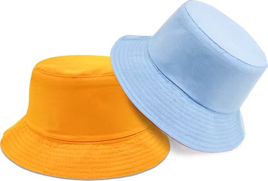 Bucket Hat Deluxe - Stevig Vissershoedje - Oranje & Lichtblauw - Reversible - Dubbellaags - Maat 58 cm - Katoen - Polyester - Heren - Dames - Festival Accessoire - Festivalhoedje - Regenhoedje - Zonnehoedje - Emmerhoed - Hoed - Unisex