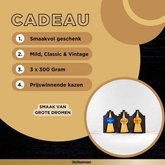 Cadeau met drie Old Amsterdam kazen: Mild, Classic & Vintage. Kaas voor grote dromen.