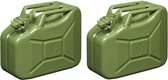 Set van 2x stuks metalen jerrycan 10 liter legergroen - geschikt voor brandstof - benzine / diesel