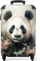 NoBoringSuitcases.com® - Handbagage koffer lichtgewicht - Reiskoffer trolley - Zwart-witte panda verstopt achter roze bloemen - Rolkoffer met wieltjes - Past binnen 55x40x20 en 55x35x25