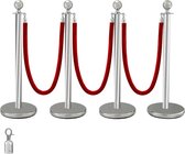 Poteaux de tapis rouge Kibus - Poteaux de garde - Acier inoxydable - 4 pièces - Argent/ Rouge - Extérieur - Ruban/Cordon 1,5 m