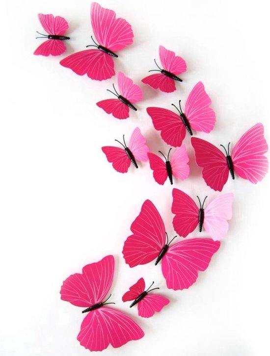 Finnacle - Creëer een betoverende sfeer met Muurvlinders - Vlinderset - 12 stuks - Muurdecoratie - 2D vlinders - Roze - Decoratieve muurstickers