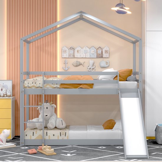 Sweiko Lit enfant Lit cabane, Lit superposé bas avec toboggan, Cadre de lit superposé en bois Massief avec sommier à lattes 90 x 200 cm, Grijs
