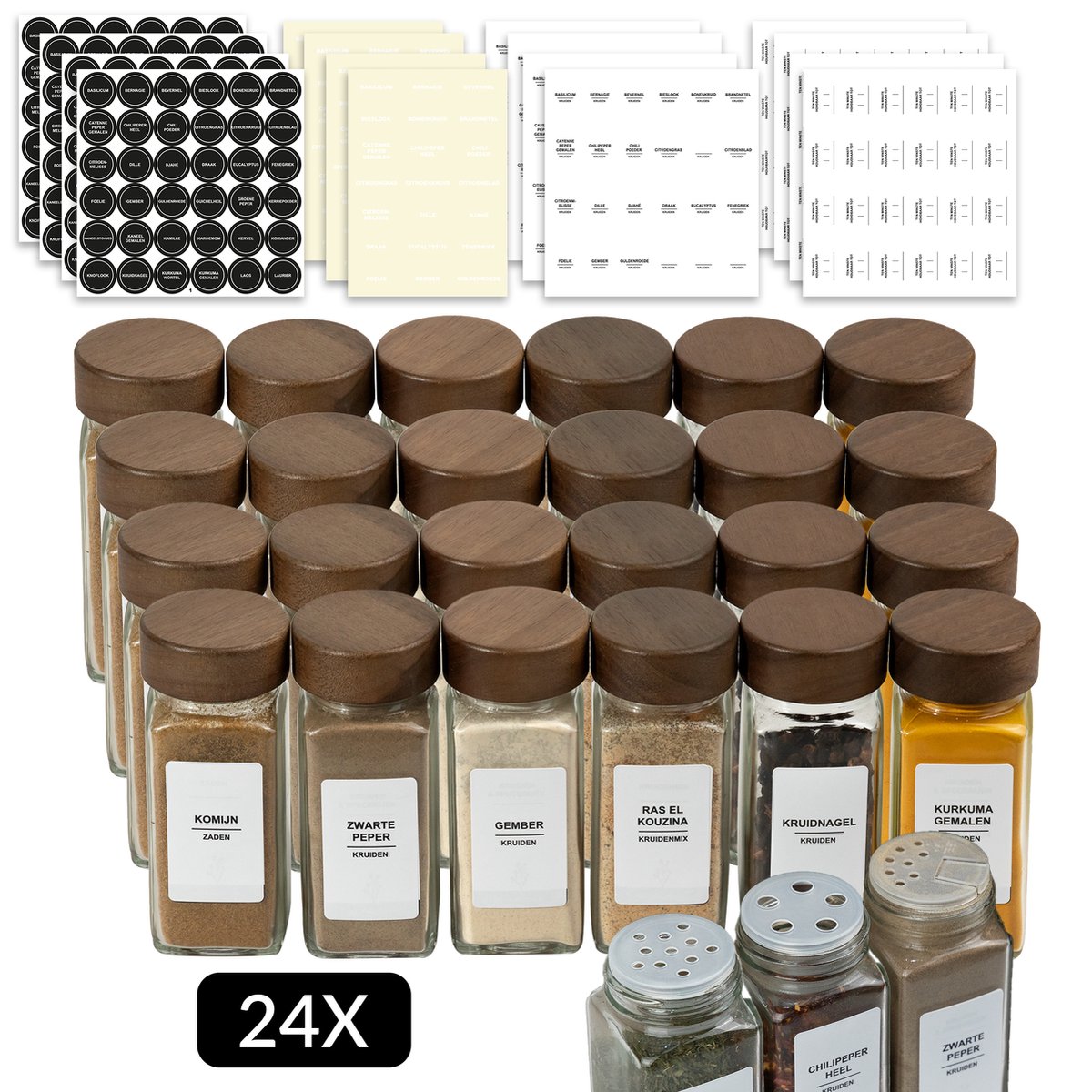 24 Glazen Kruidenpotjes met stickers Set – Compleet Pakket incl Kruiden potjes rond Stickers en Accessoires - Acacia Deksel op Prijzenvolger.com