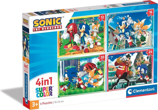 4-in-1 Sonic puzzel voor kinderen | 12, 16, 20, 24 stukjes vanaf 3 jaar plezier voor kinderen | Kleurrijke puzzel met helden uit het Sonic Spel | voor creatieve ontspanning, cognitieve vaardigheden
