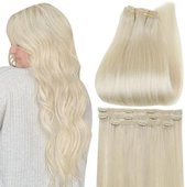 Clip In Hair Extensions| 100% Human Hair | Kleur: 60 Platinum Blond | 7 stuks 16 clips| 45cm 70 gram