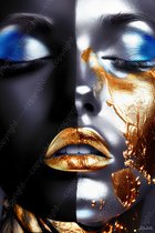 JJ-Art (Glas) 60x40 | Vrouw gezicht in zwart, zilver, goud, blauw, portret, kunst | mens. modern | Foto-schilderij-glasschilderij-acrylglas-acrylaat-wanddecoratie
