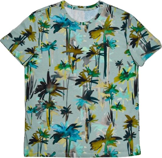 Heren / Mannen korte mouw T-shirt | Wit | Blauw | Palm Plant Paint Print | Maat M
