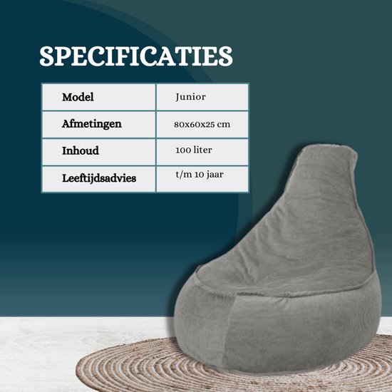 Specificaties van de grijze junior zitzak: 80x60x25 cm, 100 liter inhoud, leeftijdsadvies t/m 10 jaar.