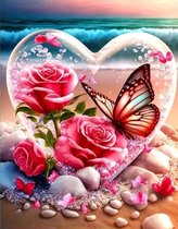 Diamond painting vlinder en roos in hart 30x40 ronde steentjes