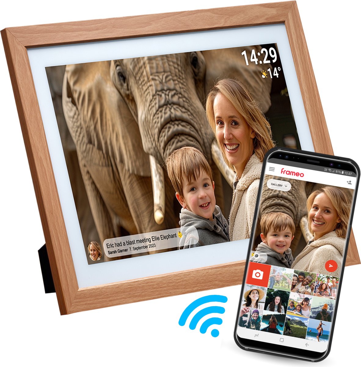 Denver Digitale Fotolijst 21.5 inch - XXL - HOUT - FULL HD - Frameo App - Fotokader - Model 2023 - WiFi - 32GB - IPS Touchscreen - PFF2162LW