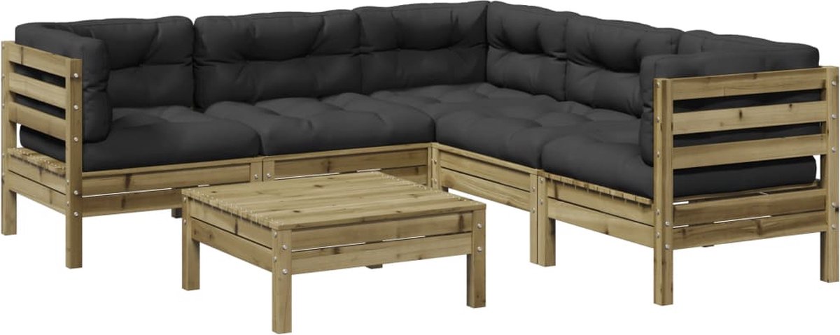 vidaXL 6-delige - Loungeset - met - kussens - geïmpregneerd - grenenhout antraciet