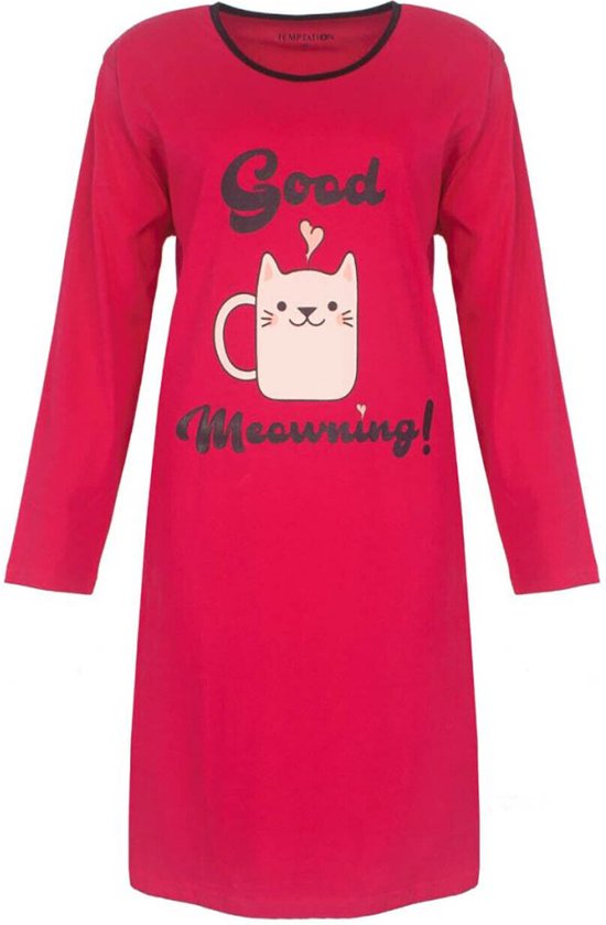 Dames bigshirt nachthemd lange mouwen slaapshirt van 100% katoen maat L roze rood met print