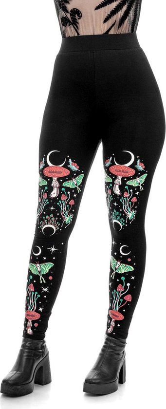 Zwarte legging met deels bedrukte pijpen met groene motten-, paddenstoel- en maanmotieven.