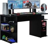Modern Gaming Bureau met 5 planken en Grote Monitorstandaard Hout 136 x 60 x 75 cm - Zwart