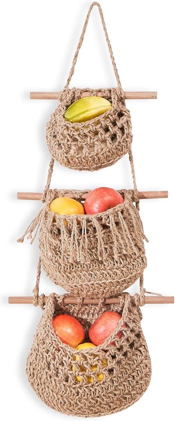 Boho Hangende fruitmand, 3 dieren, over de deur, organizer, handgemaakte jute geweven wandmand, wandmand, Boho keuken, wanddecoratie voor organisatie, opbergmand voor keuken, woonkamer en